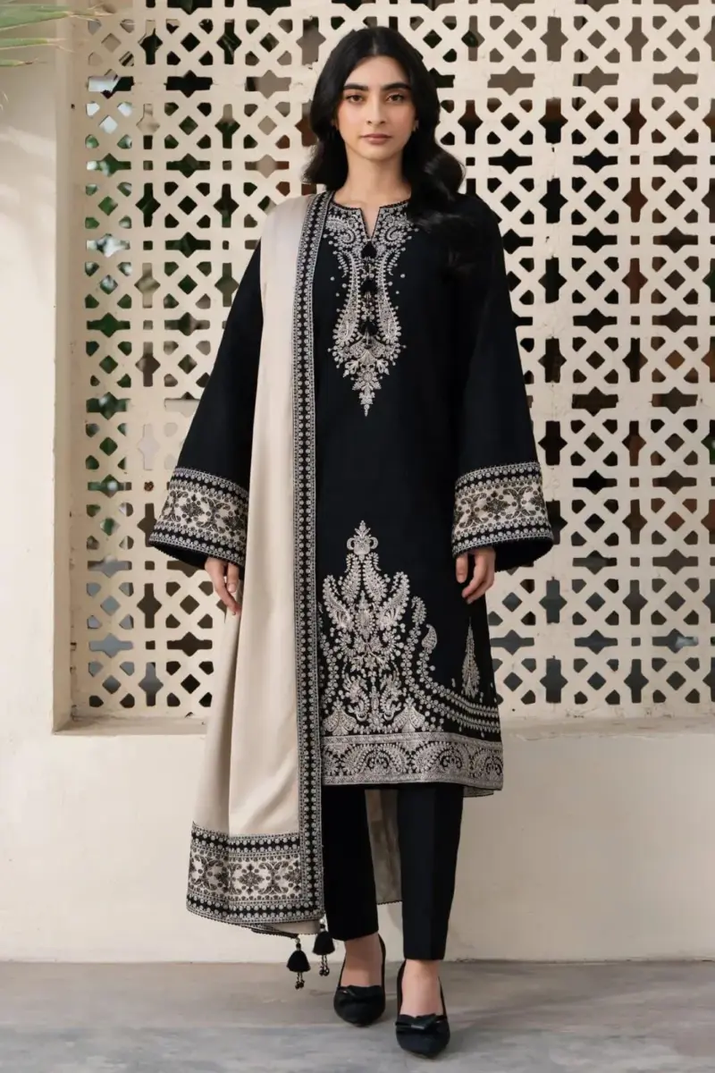 JAZMIN 3 Pcs Women’s Unstitched Embroidered Lawn Suit – Black, Elegant & Stylish