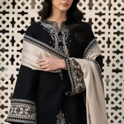 JAZMIN 3 Pcs Women’s Unstitched Embroidered Lawn Suit – Black, Elegant & Stylish