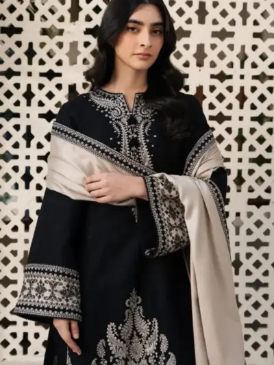 JAZMIN 3 Pcs Women’s Unstitched Embroidered Lawn Suit – Black, Elegant & Stylish