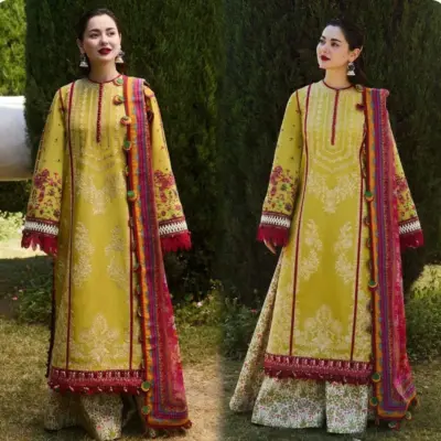 Women’s 3 Pcs Unstitched Embroidered Dhanak Suit with Wool Dupatta – Yellow (Shirt 3M, Trouser 2.25M, Dupatta 2.25M)