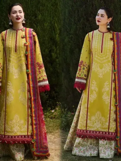 Women’s 3 Pcs Unstitched Embroidered Dhanak Suit with Wool Dupatta – Yellow (Shirt 3M, Trouser 2.25M, Dupatta 2.25M)