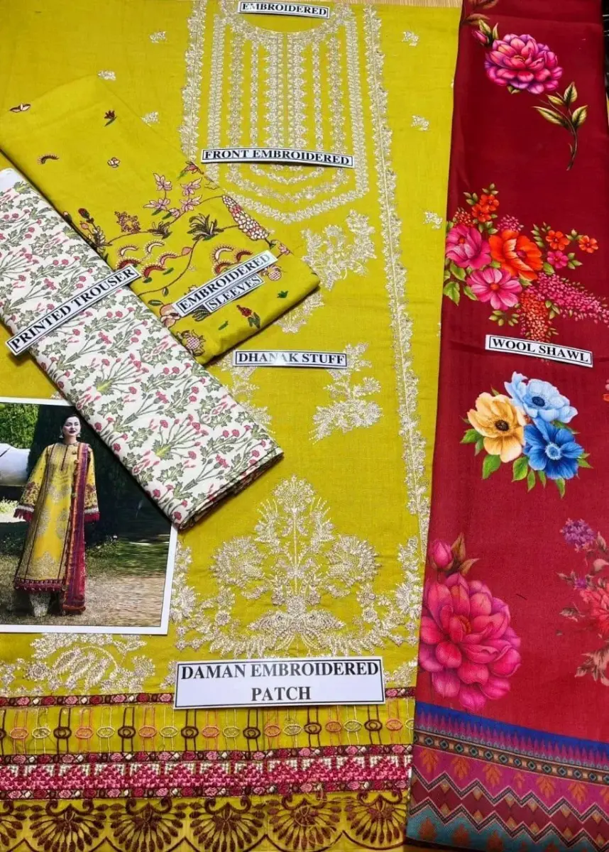 Women’s 3 Pcs Unstitched Embroidered Dhanak Suit with Wool Dupatta – Yellow (Shirt 3M, Trouser 2.25M, Dupatta 2.25M)