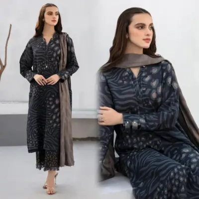 Women’s 3 Pcs Unstitched Digital Print Khaddar Suit – Black (Shirt 3M, Trouser 2.5M, Dupatta 2.25M)