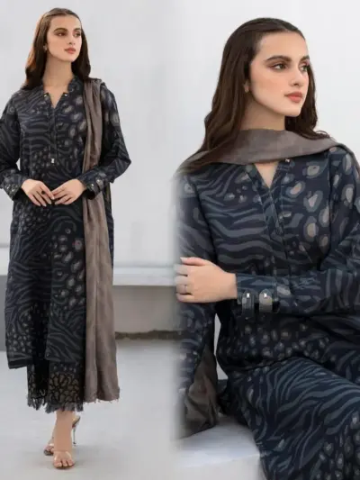 Women’s 3 Pcs Unstitched Digital Print Khaddar Suit – Black (Shirt 3M, Trouser 2.5M, Dupatta 2.25M)
