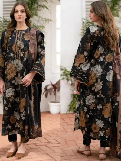 Women’s Black 3-Piece Unstitched Khaddar Digital Print Suit with Dupatta – Winter Wear