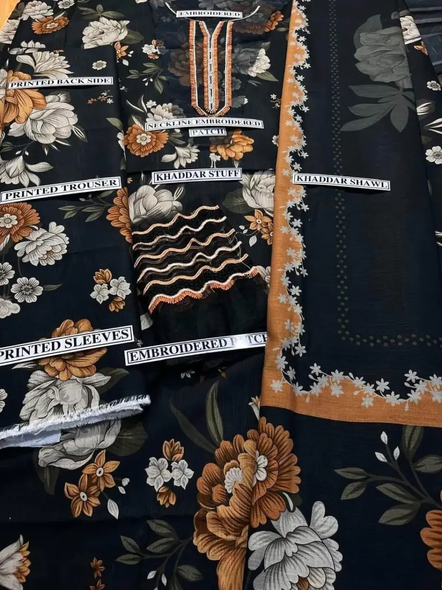 Women’s Black 3-Piece Unstitched Khaddar Digital Print Suit with Dupatta – Winter Wear