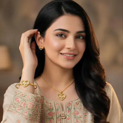 Heartbeat Design Gold Plated Jewelry Set for Women – Stainless Steel Necklace, Bracelet & Tops (4-Piece Set, Free Size)