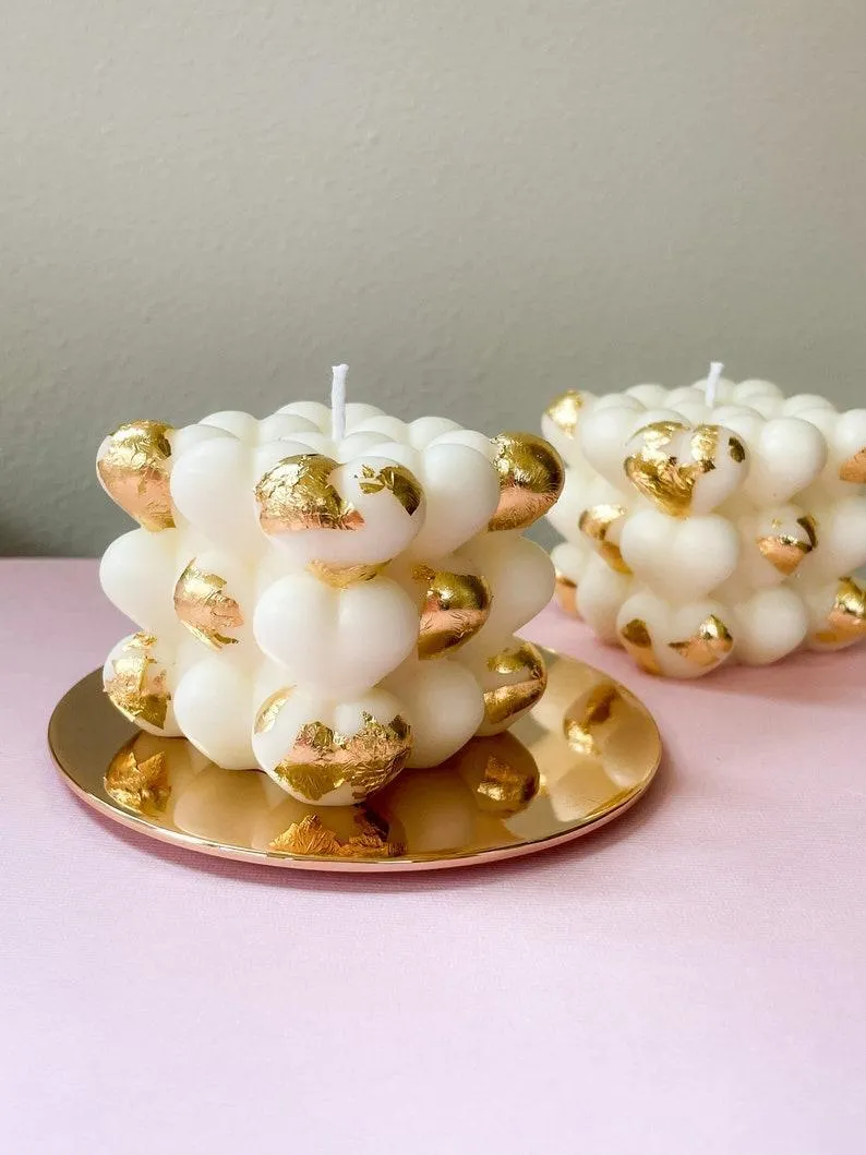 Handmade Heart Bubble Candle Set with Gold Foil – White Paraffin Wax Decorative Scented Candles (2 Pcs)