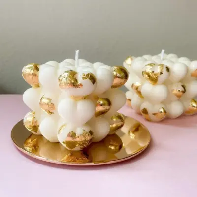 Handmade Heart Bubble Candle Set with Gold Foil – White Paraffin Wax Decorative Scented Candles (2 Pcs)