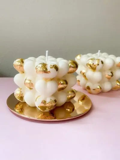 Handmade Heart Bubble Candle Set with Gold Foil – White Paraffin Wax Decorative Scented Candles (2 Pcs)