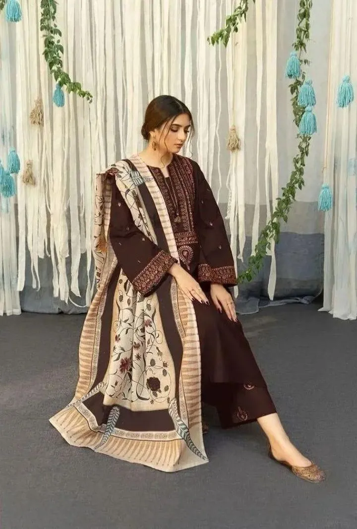 Assling 3 Pcs Women’s Unstitched Embroidered Lawn Suit – Brown | Embroidered Shirt & Trouser with Printed Diamond Dupatta
