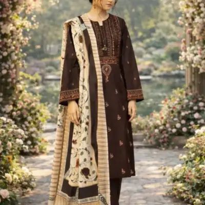 Assling 3 Pcs Women’s Unstitched Embroidered Lawn Suit – Brown | Embroidered Shirt & Trouser with Printed Diamond Dupatta