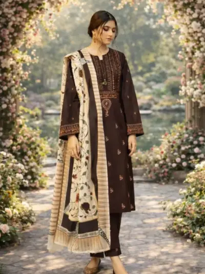 Assling 3 Pcs Women’s Unstitched Embroidered Lawn Suit – Brown | Embroidered Shirt & Trouser with Printed Diamond Dupatta