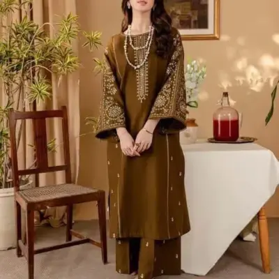 Assling Women’s 2-Piece Unstitched Embroidered Lawn Suit – Brown | Front Embroidery, Plain Trouser