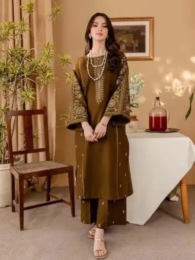 Assling Women’s 2-Piece Unstitched Embroidered Lawn Suit – Brown | Front Embroidery, Plain Trouser