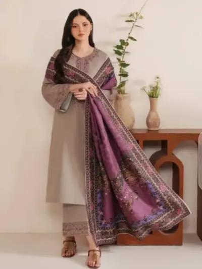 Assling Women’s 3-Piece Unstitched Embroidered Lawn Suit – Beige | Embroidered Shirt & Trouser with Diamond Dupatta
