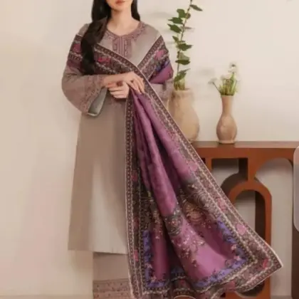 Assling Women’s 3-Piece Unstitched Embroidered Lawn Suit – Beige | Embroidered Shirt & Trouser with Diamond Dupatta
