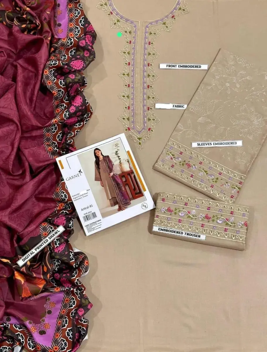 Assling Women’s 3-Piece Unstitched Embroidered Lawn Suit – Beige | Embroidered Shirt & Trouser with Diamond Dupatta