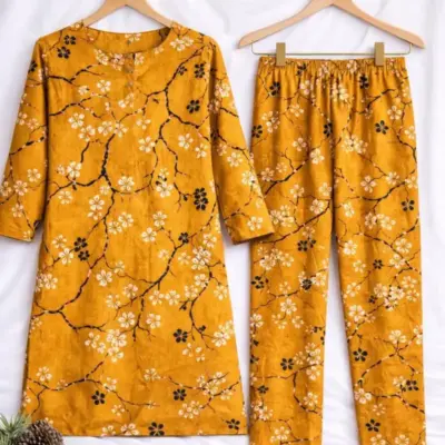 Women’s 2-Piece Unstitched Yellow Printed Micro Interlock Suit – Shirt & Trouser (1 Meter Each)
