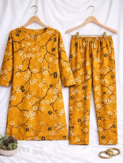 Women’s 2-Piece Unstitched Yellow Printed Micro Interlock Suit – Shirt & Trouser (1 Meter Each)