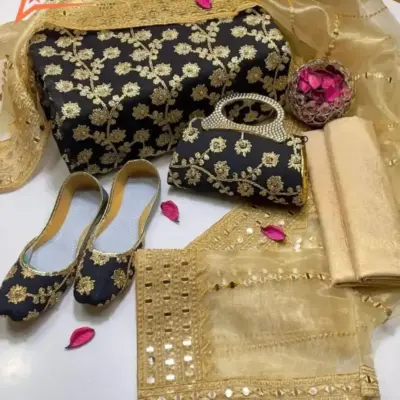 Women’s 5-Piece Unstitched Crinkle Chiffon Embroidered Suit – Black | Organza Sequin Dupatta, Masuri Shalwar + Free Khussa & Clutch