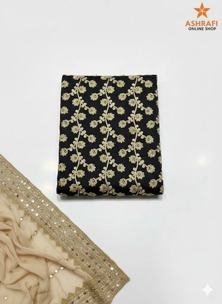 Women’s 5-Piece Unstitched Crinkle Chiffon Embroidered Suit – Black | Organza Sequin Dupatta, Masuri Shalwar + Free Khussa & Clutch