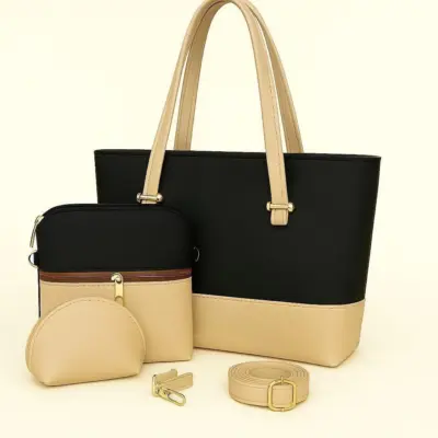 Women’s Black Faux Leather Plain Shoulder Bag Set (3-Piece) – Long Strap & Unique Handle, 8×7×4 Inches