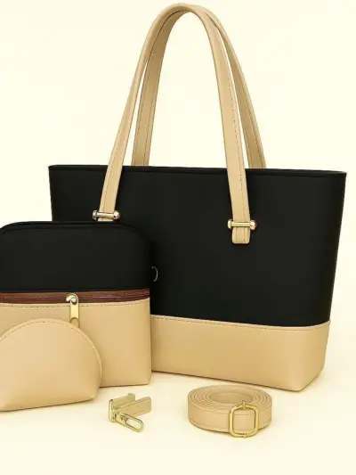 Women’s Black Faux Leather Plain Shoulder Bag Set (3-Piece) – Long Strap & Unique Handle, 8×7×4 Inches