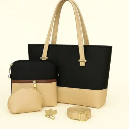 Women’s Black Faux Leather Plain Shoulder Bag Set (3-Piece) – Long Strap & Unique Handle, 8×7×4 Inches