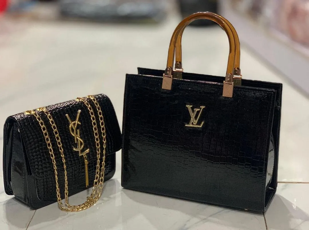 Women’s Black & White Leather Hand Bag Set (2-Piece) – Top Handle Box & Shoulder Bag, 8×5×6 Inches