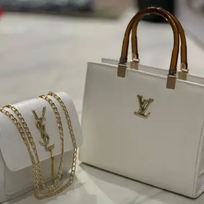 Women’s Black & White Leather Hand Bag Set (2-Piece) – Top Handle Box & Shoulder Bag, 8×5×6 Inches