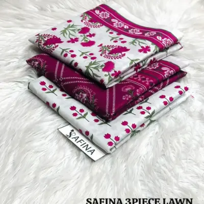 Women’s 3 Pcs Unstitched Maroon Printed Lawn Suit – Printed Shirt, Lawn Trouser & Dupatta (3m Shirt, 2.5m Trouser, 2.5m Dupatta)