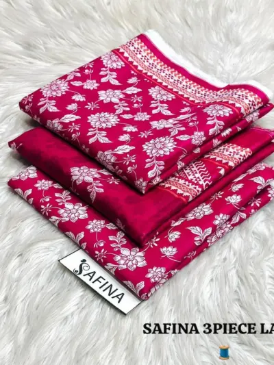 Shop women’s red 3 pcs unstitched printed lawn suit with shirt, trouser & dupatta. Lightweight, breathable fabric ideal for summer wear.