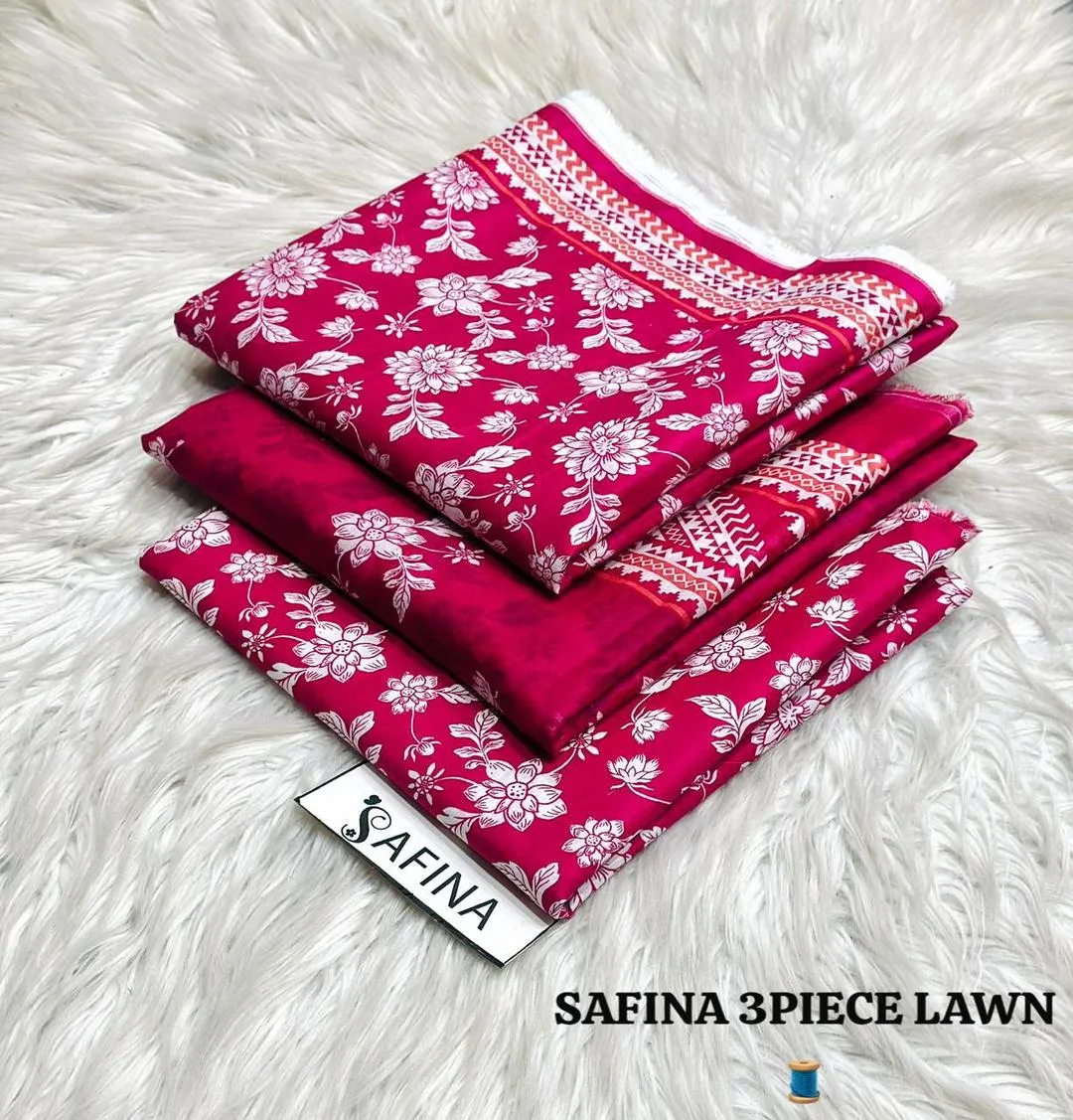 Shop women’s red 3 pcs unstitched printed lawn suit with shirt, trouser & dupatta. Lightweight, breathable fabric ideal for summer wear.