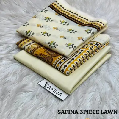 Women’s 3 Pcs Unstitched Off-White Printed Lawn Suit – Printed Shirt, Lawn Trouser & Dupatta (3m Shirt, 2.5m Trouser, 2.5m Dupatta)