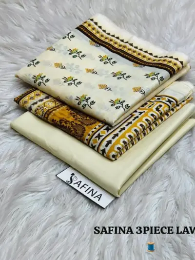 Women’s 3 Pcs Unstitched Off-White Printed Lawn Suit – Printed Shirt, Lawn Trouser & Dupatta (3m Shirt, 2.5m Trouser, 2.5m Dupatta)