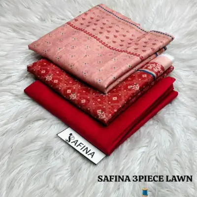 Women’s 3 Pcs Unstitched Red Printed Lawn Suit – Printed Shirt, Lawn Trouser & Dupatta (3m Shirt, 2.5m Trouser, 2.5m Dupatta)