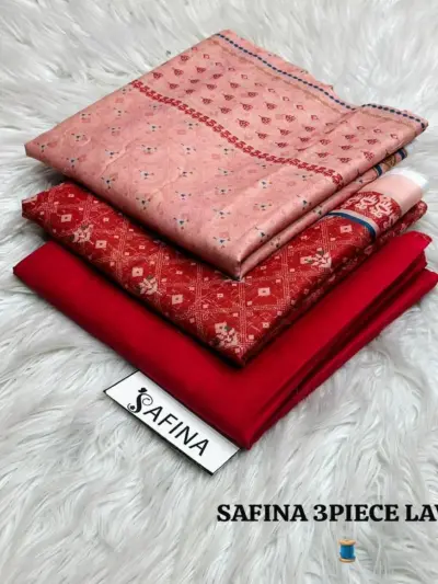 Women’s 3 Pcs Unstitched Red Printed Lawn Suit – Printed Shirt, Lawn Trouser & Dupatta (3m Shirt, 2.5m Trouser, 2.5m Dupatta)