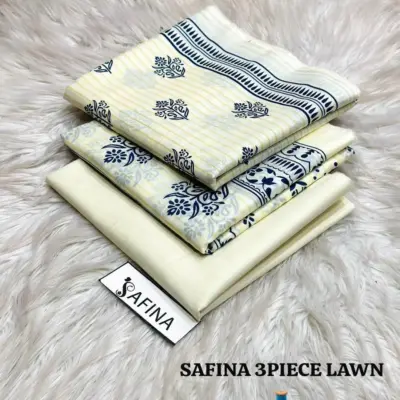 Women’s 3 Pcs Unstitched Off-White Printed Lawn Suit – Printed Shirt, Lawn Trouser & Dupatta (3m Shirt, 2.5m Trouser, 2.5m Dupatta)