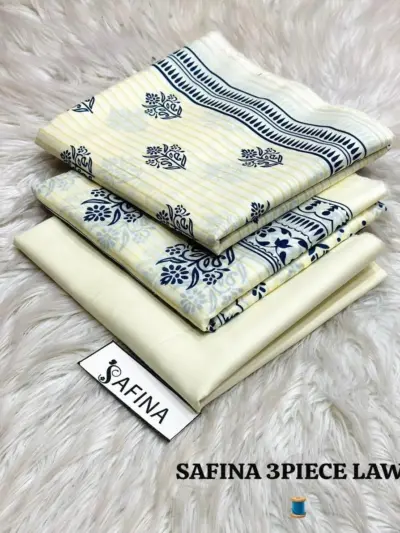 Women’s 3 Pcs Unstitched Off-White Printed Lawn Suit – Printed Shirt, Lawn Trouser & Dupatta (3m Shirt, 2.5m Trouser, 2.5m Dupatta)