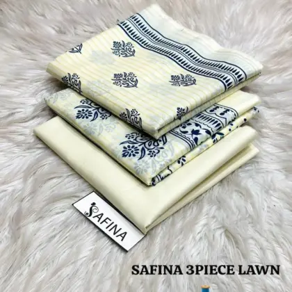 Women’s 3 Pcs Unstitched Off-White Printed Lawn Suit – Printed Shirt, Lawn Trouser & Dupatta (3m Shirt, 2.5m Trouser, 2.5m Dupatta)