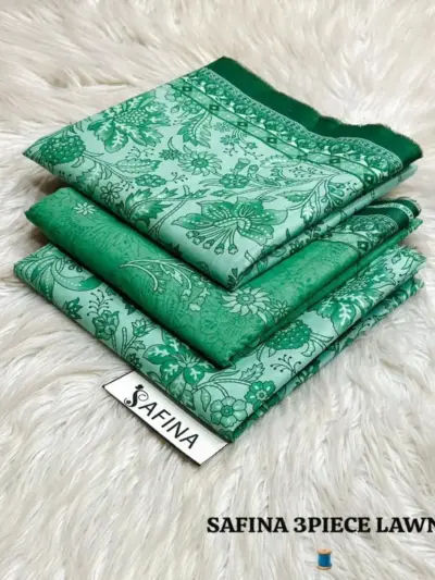 Women’s 3 Pcs Unstitched Green Printed Lawn Suit – Printed Shirt, Lawn Trouser & Dupatta (3m Shirt, 2.5m Trouser, 2.5m Dupatta)
