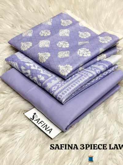 Women’s 3 Pcs Unstitched Lilac Printed Lawn Suit – Printed Shirt, Lawn Trouser & Dupatta (3m Shirt, 2.5m Trouser, 2.5m Dupatta)