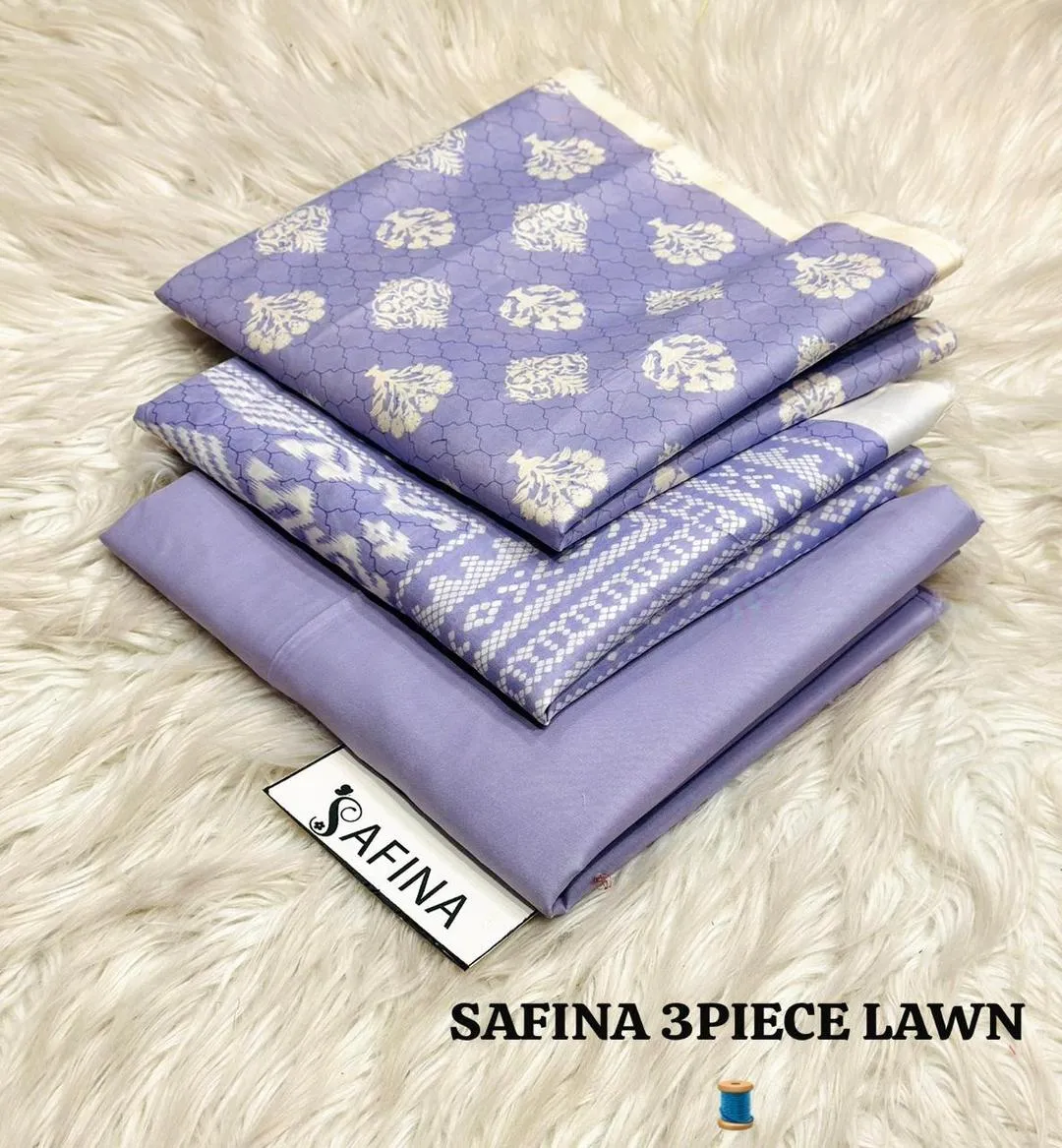 Women’s 3 Pcs Unstitched Lilac Printed Lawn Suit – Printed Shirt, Lawn Trouser & Dupatta (3m Shirt, 2.5m Trouser, 2.5m Dupatta)