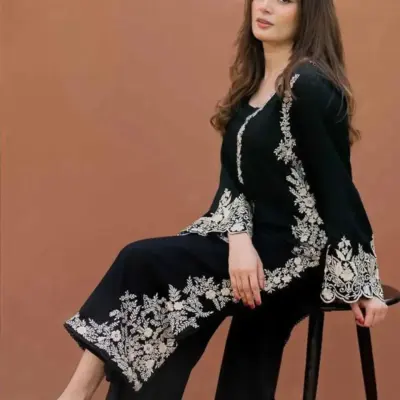 Women’s 2 Pcs Unstitched Embroidered Cotton Lawn Suit – Black | Embroidered Shirt & Plain Trouser