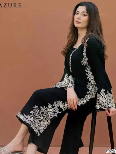 Women’s 2 Pcs Unstitched Embroidered Cotton Lawn Suit – Black | Embroidered Shirt & Plain Trouser