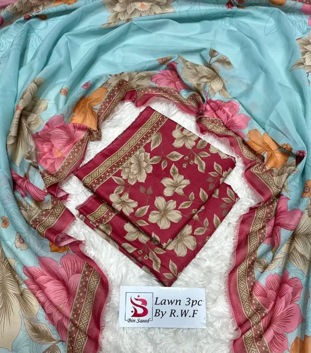 Women’s 3 Pcs Unstitched Printed Lawn Suit – Red | Printed Shirt, Dupatta & Trouser (3m / 2.5m / 2.5m)