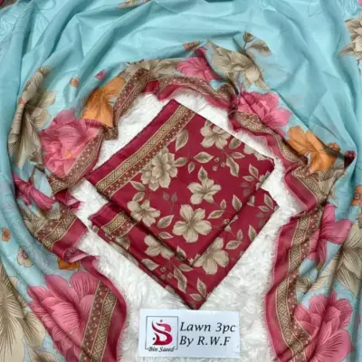 Women’s 3 Pcs Unstitched Printed Lawn Suit – Red | Printed Shirt, Dupatta & Trouser (3m / 2.5m / 2.5m)