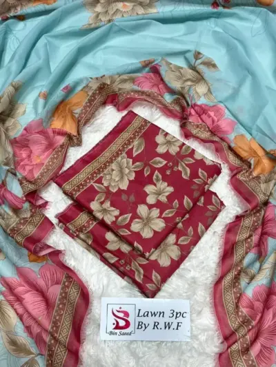 Women’s 3 Pcs Unstitched Printed Lawn Suit – Red | Printed Shirt, Dupatta & Trouser (3m / 2.5m / 2.5m)