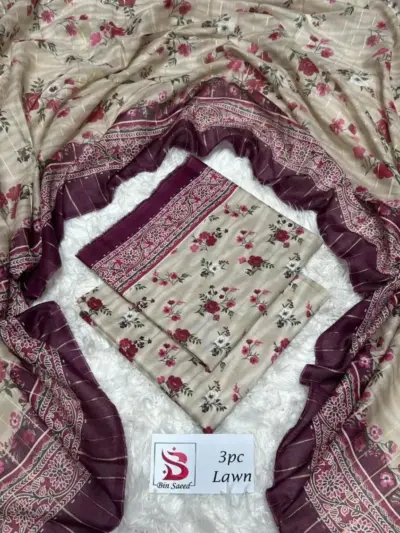 Women’s 3 Pcs Unstitched Printed Lawn Suit – White | Printed Shirt, Dupatta & Trouser (Summer Wear)